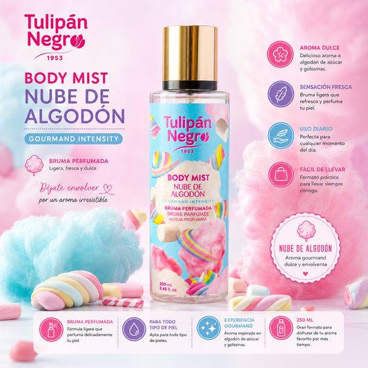 Body Mist Tulipán Negro Nube de Algodón 250 ml bruma corporal perfumada con aroma dulce de algodón de azúcar