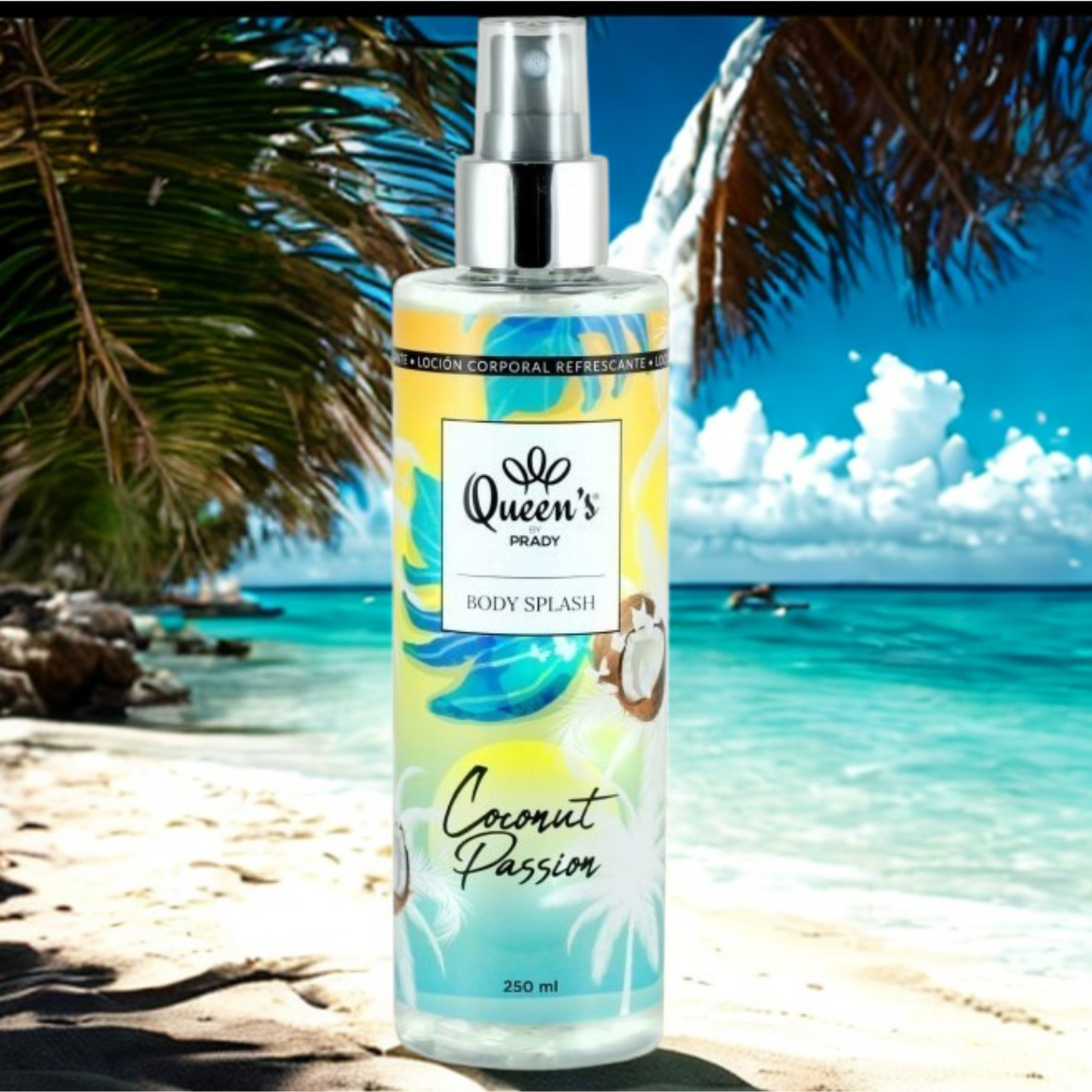 Body Splash Coconut Passion Queen's by Prady de 250 ml, bruma corporal refrescante con aroma tropical a coco, ideal para perfumar y refrescar la piel con una fragancia ligera y duradera.