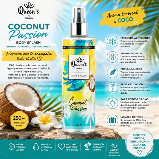 Body Splash Queen's by Prady Coconut Passion 250 ml bruma corporal refrescante aroma coco