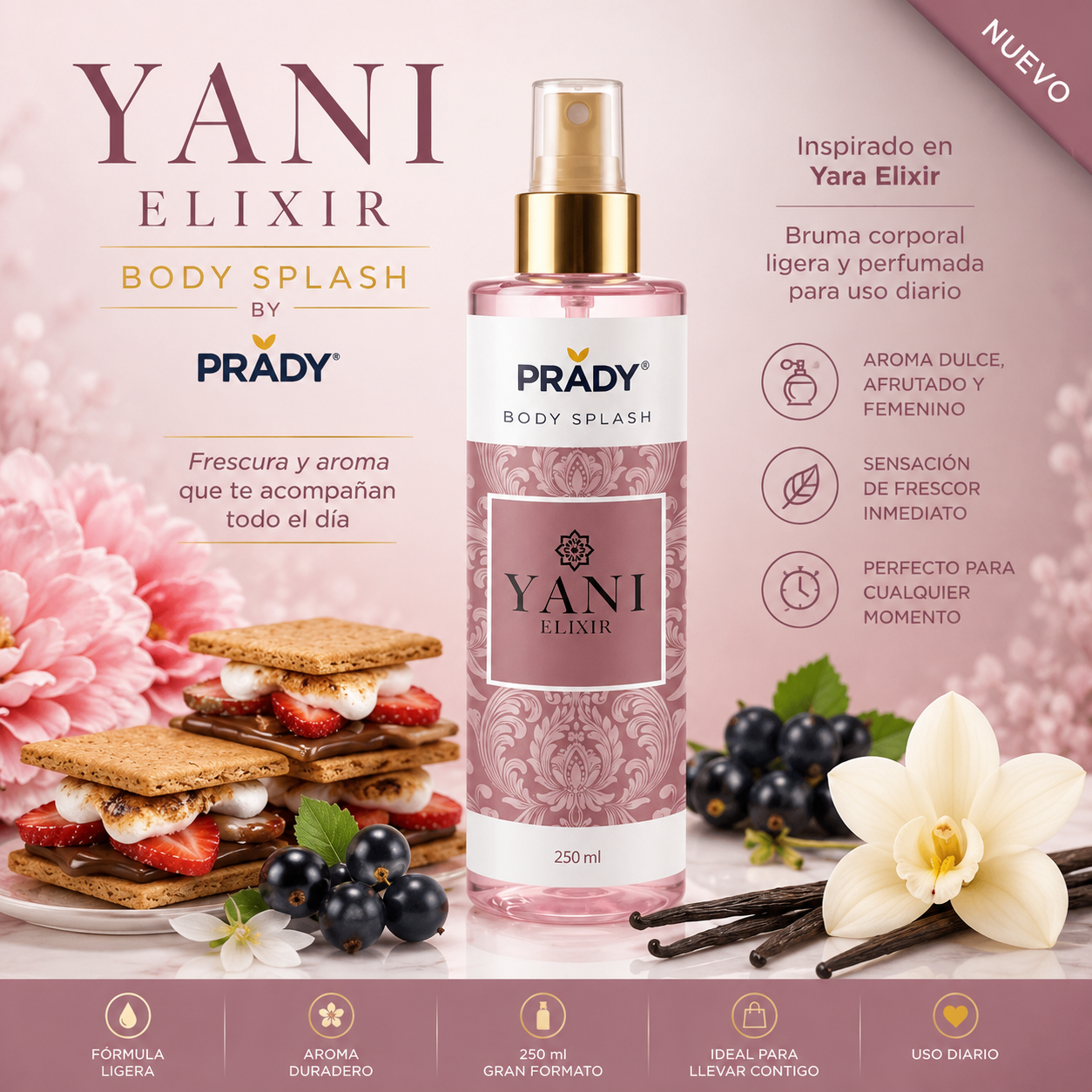 Body Splash Yani Elixir by Prady 250 ml inspirado en Yara Elixir de Lattafa bruma corporal perfumada para mujer