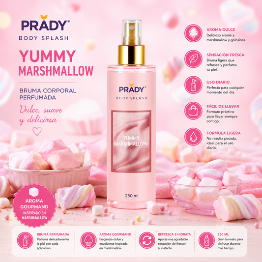 Body Splash Yummy Marshmallow by Prady 250 ml bruma corporal gourmand con aroma dulce a marshmallow