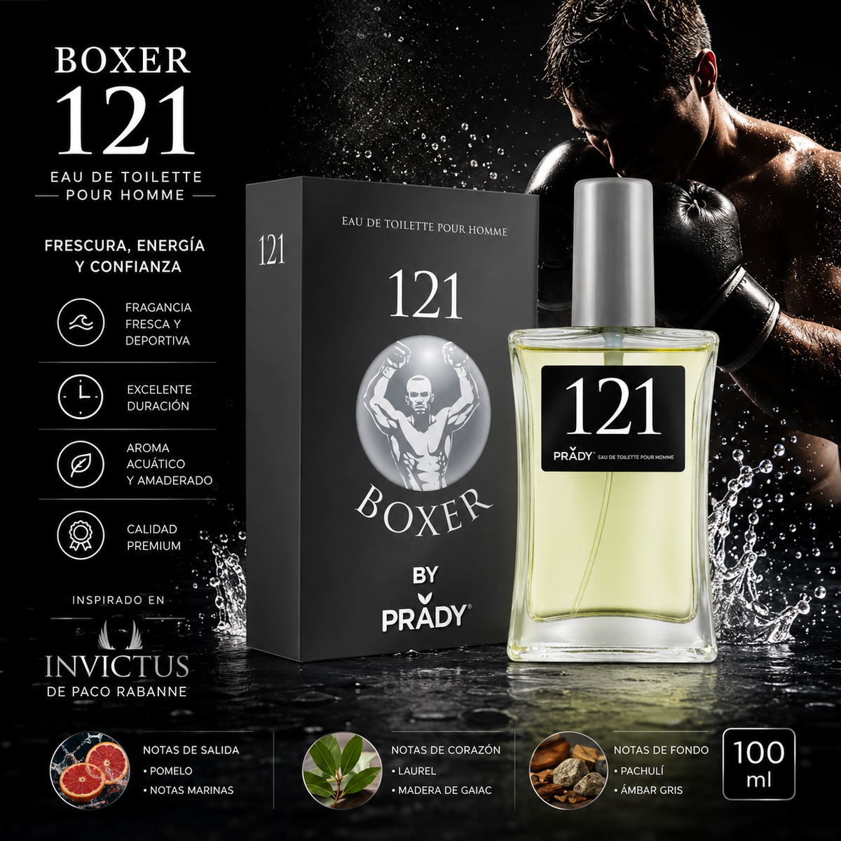 Boxer 121 Eau de Toilette para hombre by Prady 100 ml inspirado en Invictus con aroma fresco, acuático y amaderado