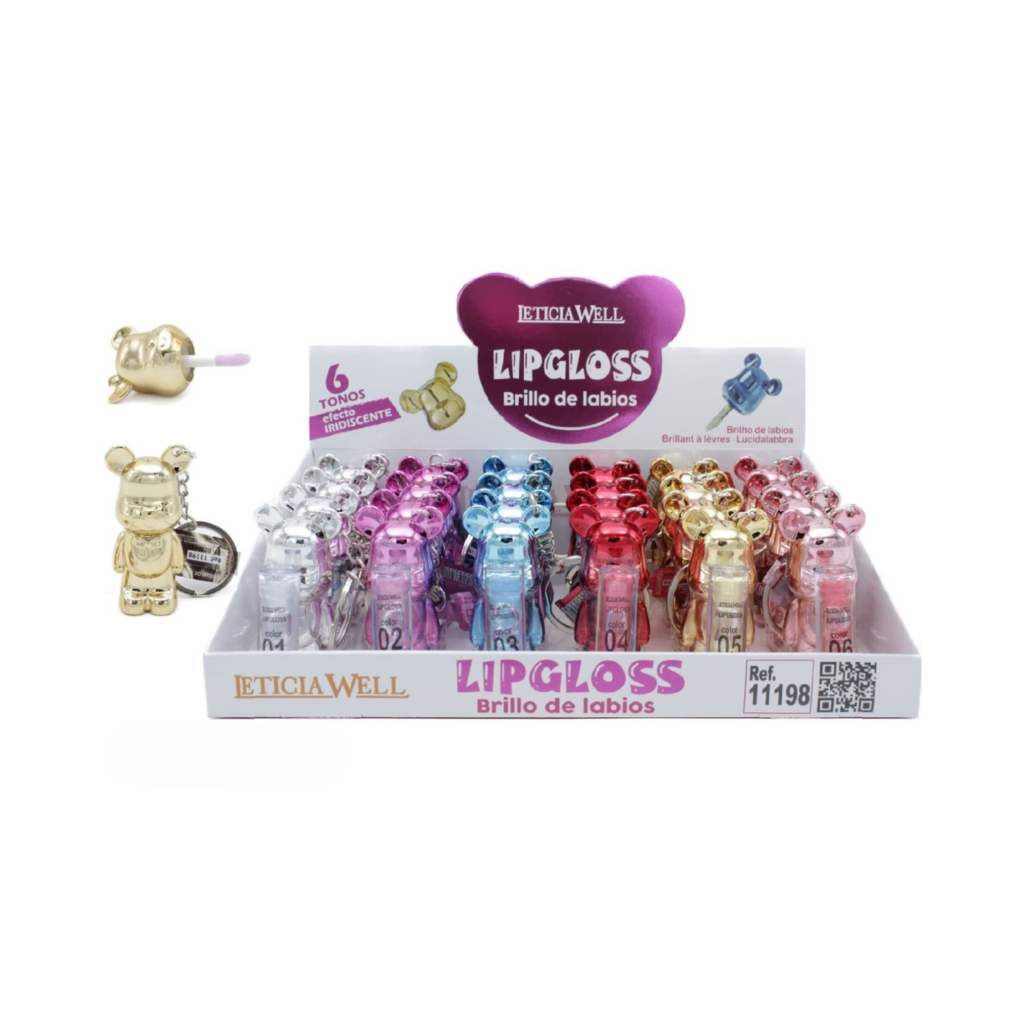 Brillo de labios Osito Leticia Well con efecto iridiscente, disponible en 6 tonos y presentado en un original envase con forma de osito y llavero.