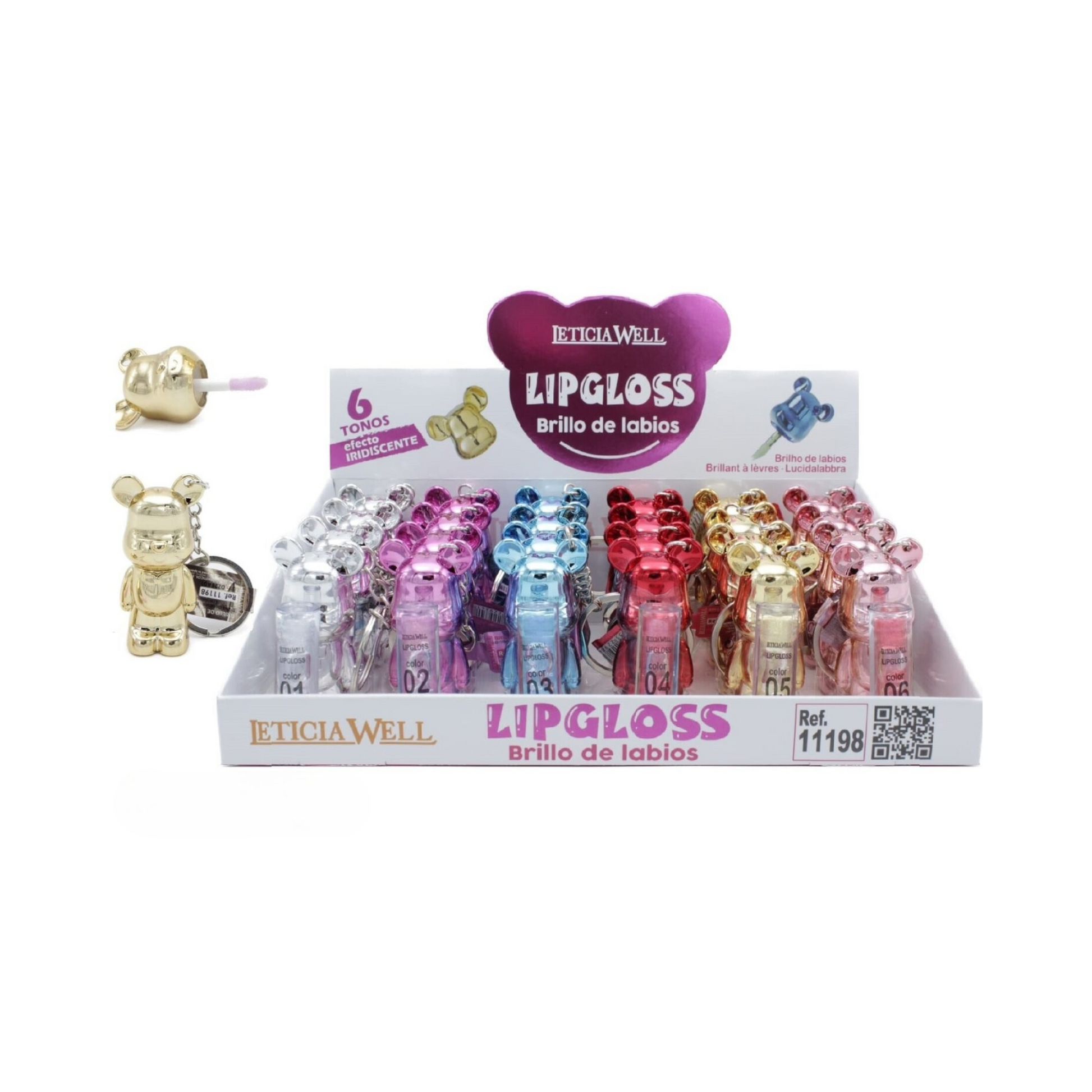 Brillo de labios Osito Leticia Well con efecto iridiscente, disponible en 6 tonos y presentado en un original envase con forma de osito y llavero.