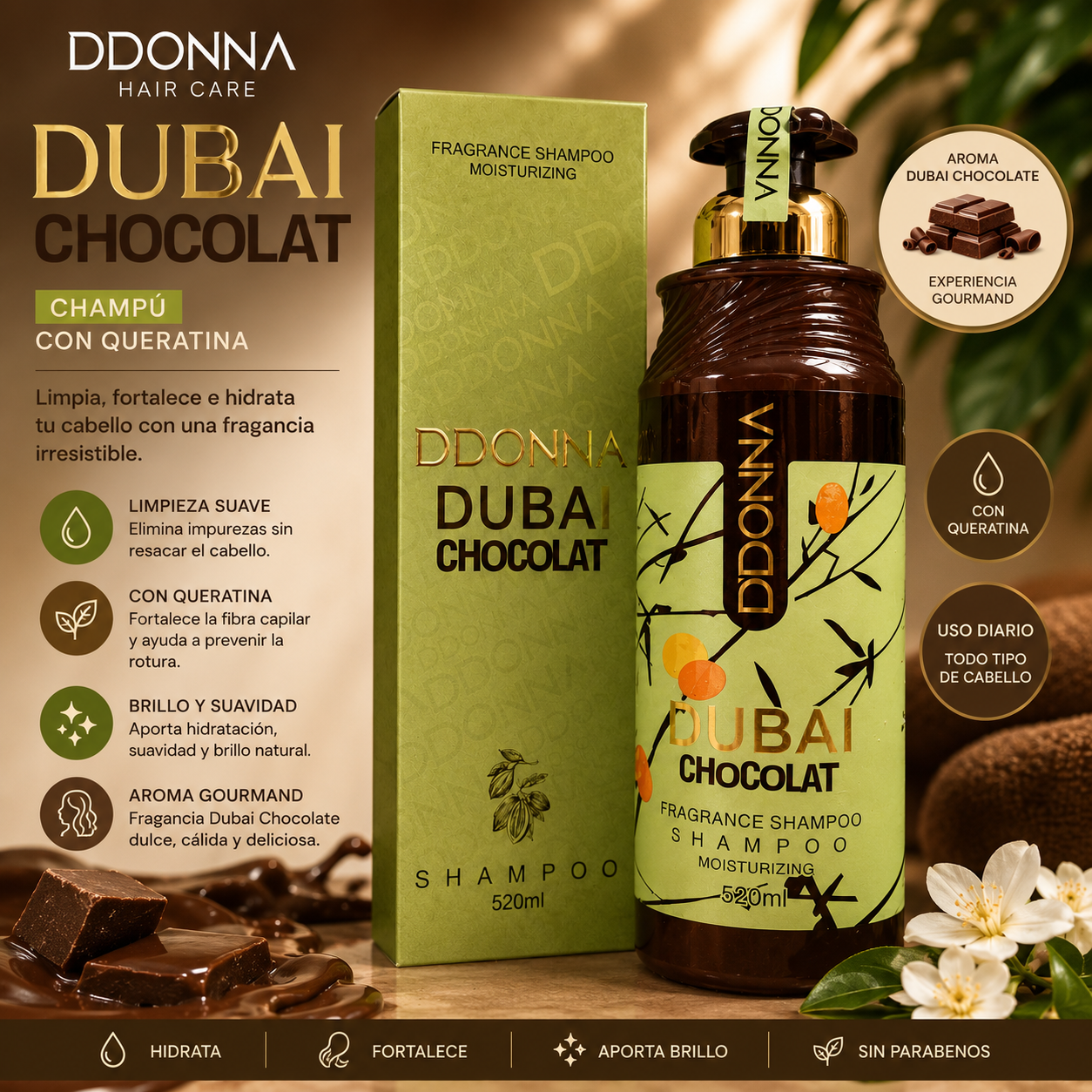 Champú Dubai Chocolate D'Donna 520 ml con queratina para fortalecer, hidratar y aportar brillo al cabello.
