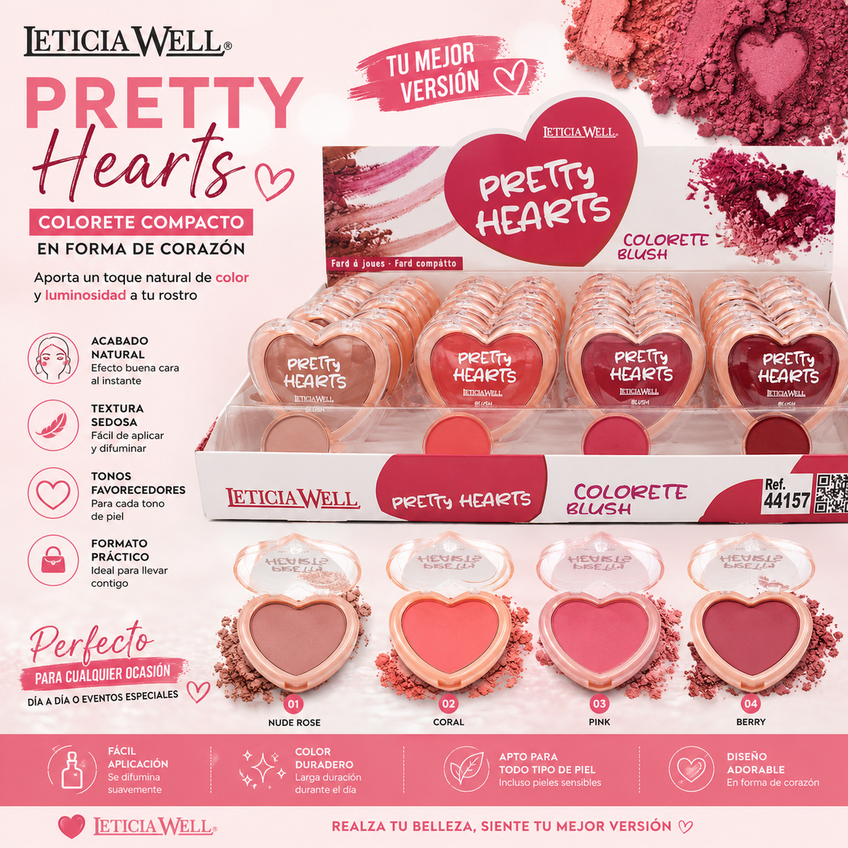 Colorete Pretty Hearts Leticia Well blush compacto en forma de corazón disponible en varios tonos