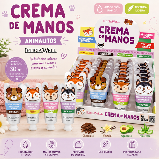 Crema de Manos Animalitos Leticia Well 30 ml hidratante con aromas de chocolate, vainilla, aguacate y aloe vera