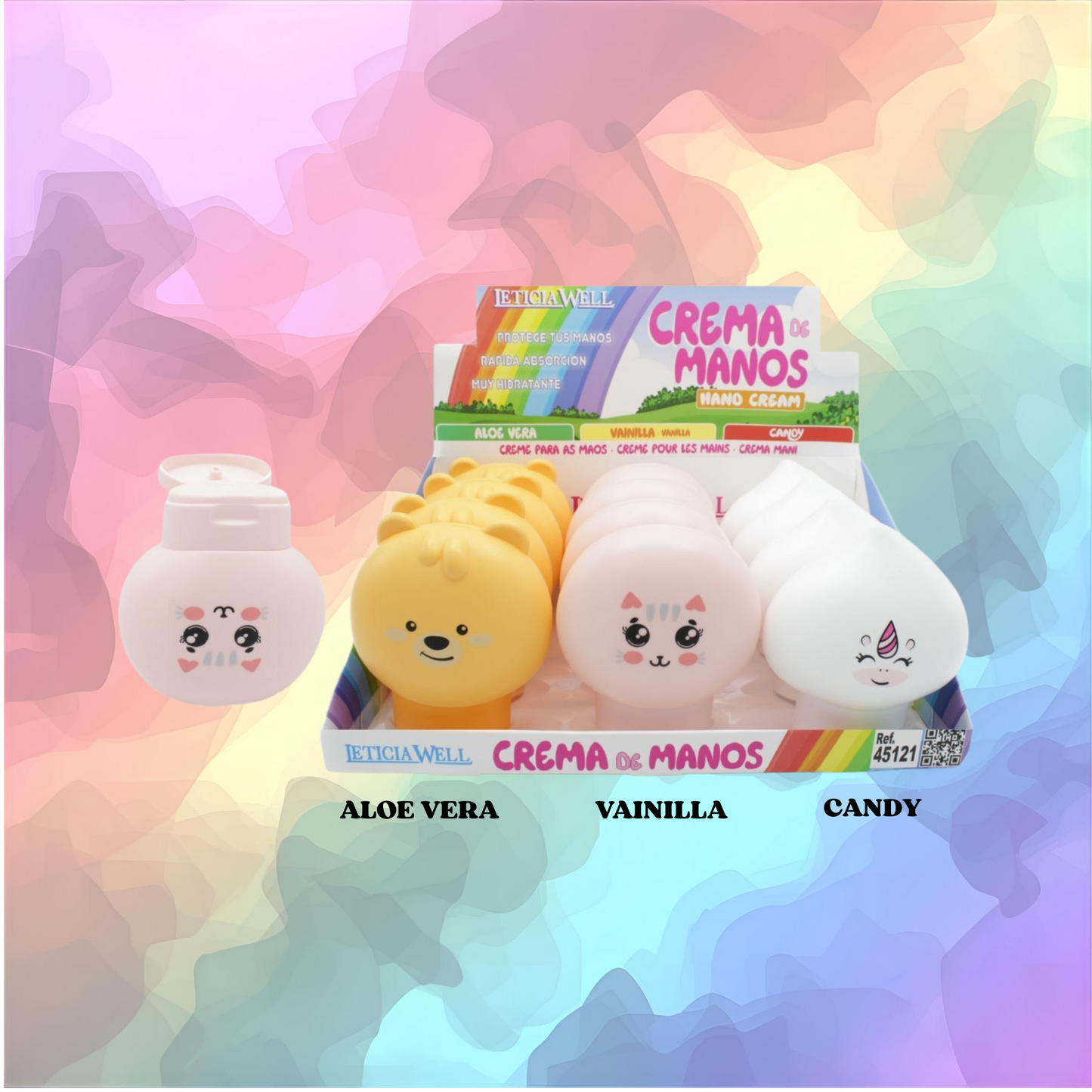 Crema de Manos Hidratante Leticia Well disponible en Aloe Vera, Vainilla y Candy, con fórmula de rápida absorción que hidrata, suaviza y protege las manos con divertidos envases de diseño.