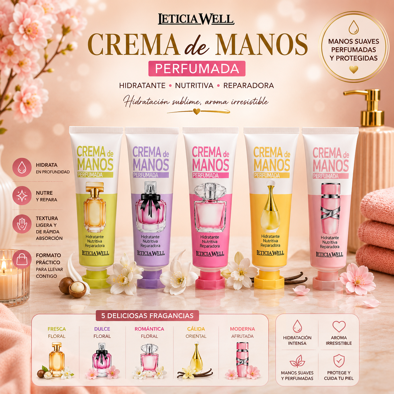 Crema de Manos Perfumada Leticia Well 30 ml hidratante, nutritiva y reparadora con diferentes fragancias.