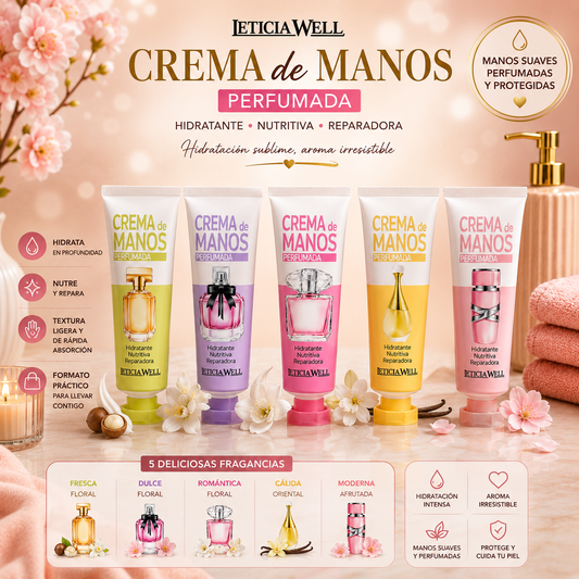 Crema de Manos Perfumada Leticia Well 30 ml hidratante, nutritiva y reparadora con diferentes fragancias.