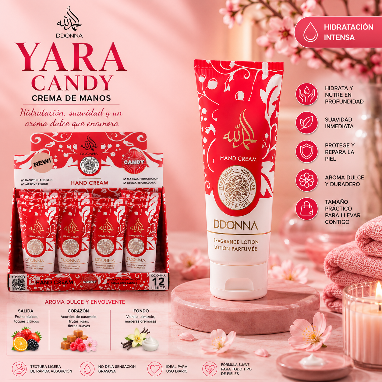 Crema de Manos Yara Candy D'Donna 30 ml hidratante y perfumada con aroma dulce inspirada en Yara Candy