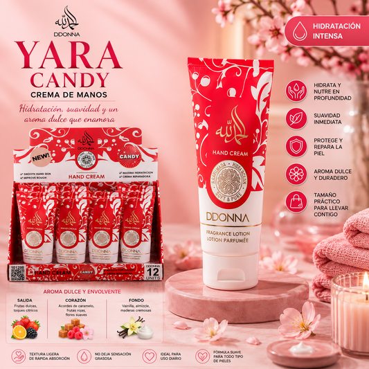 Crema de Manos Yara Candy D'Donna 30 ml hidratante y perfumada con aroma dulce inspirada en Yara Candy