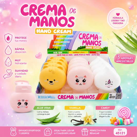 Crema de manos Leticia Well hidratante con Aloe Vera, Vainilla y Candy, rápida absorción y fórmula nutritiva