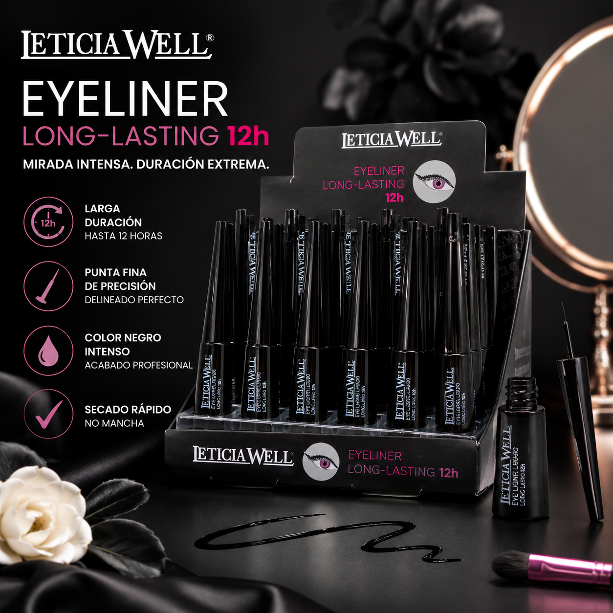 Eyeliner Líquido Leticia Well negro de larga duración con punta fina de precisión