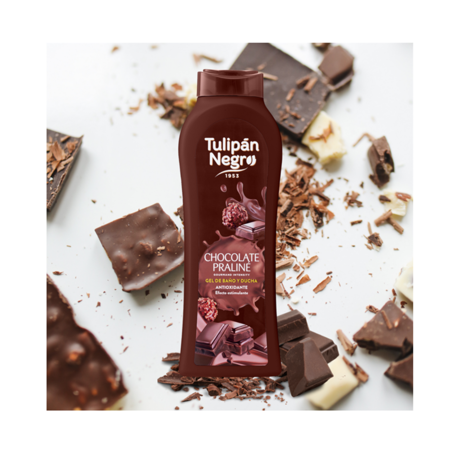 Gel de Baño Chocolate Praliné Tulipán Negro de 650 ml con fórmula cremosa, acción antioxidante y delicioso aroma a chocolate praliné para una piel limpia, suave e hidratada.