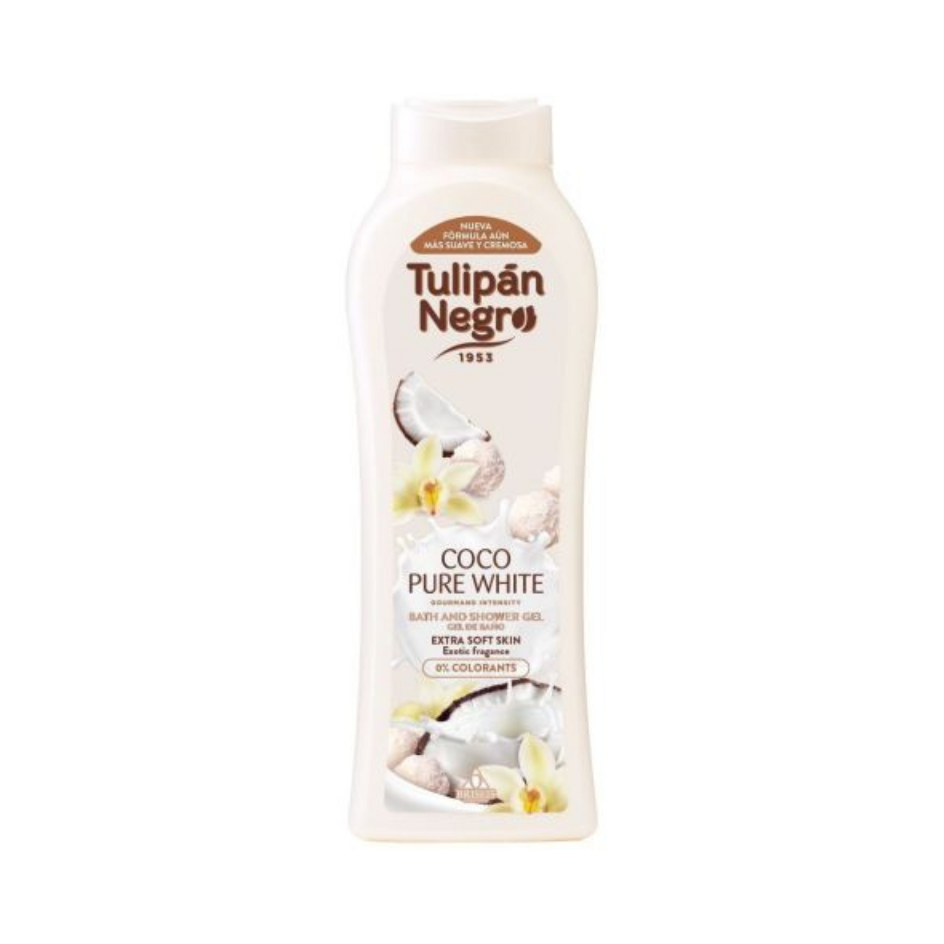 Gel de Baño Coco Pure White Tulipán Negro de 650 ml con fórmula cremosa, aroma a coco, hidratación intensiva y 0% colorantes para una limpieza suave de la piel.