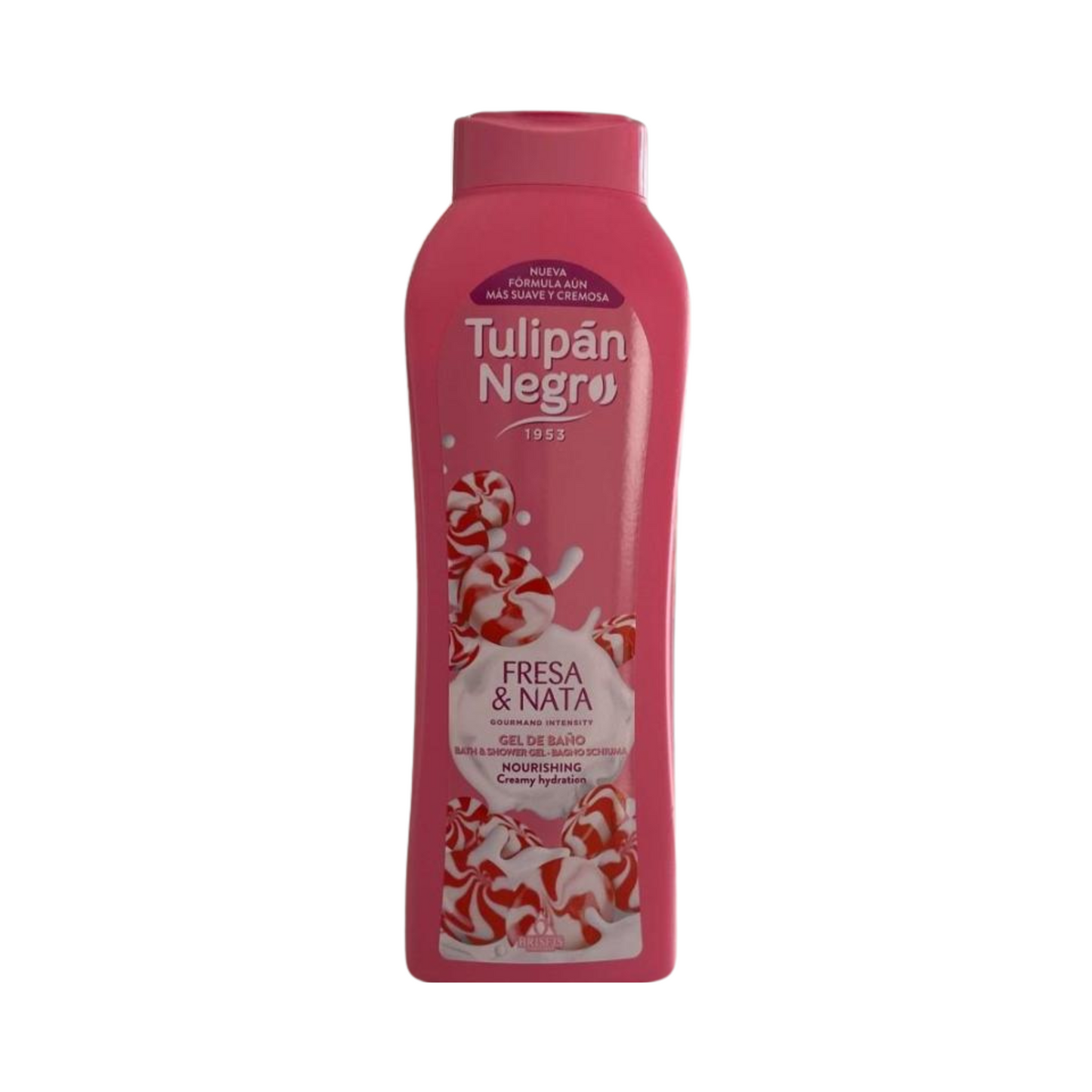 Gel de Baño Fresa y Nata Tulipán Negro de 650 ml con fórmula cremosa, aroma dulce de fresa y nata e hidratación para una piel limpia, suave y perfumada.