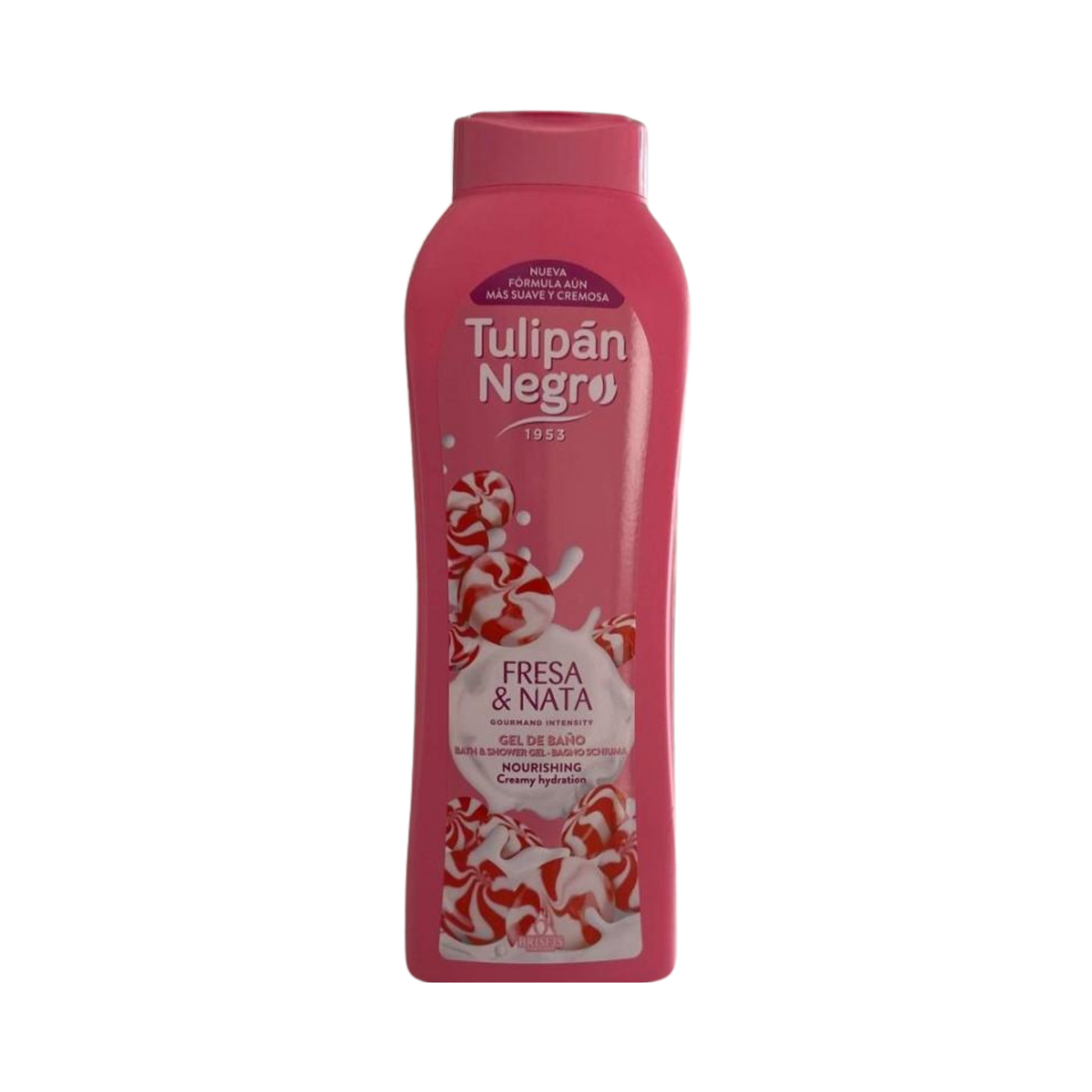 Gel de Baño Fresa y Nata Tulipán Negro de 650 ml con fórmula cremosa, aroma dulce de fresa y nata e hidratación para una piel limpia, suave y perfumada.