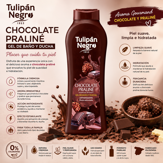 Gel de Baño Tulipán Negro Chocolate Praliné 650 ml con aroma gourmand a chocolate y praliné