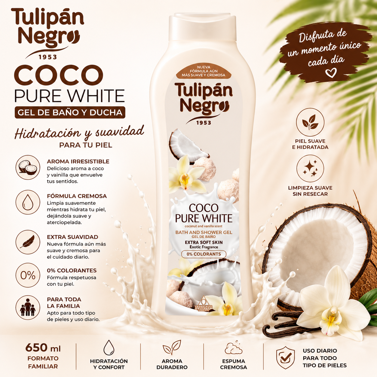 Gel de Baño Tulipán Negro Coco Pure White 650 ml con aroma a coco y vainilla