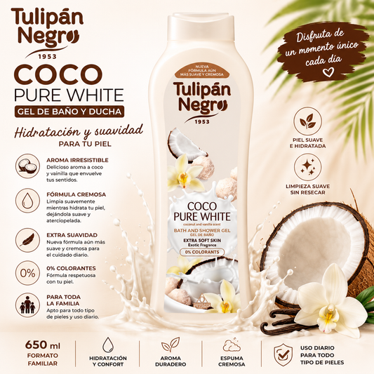 Gel de Baño Tulipán Negro Coco Pure White 650 ml con aroma a coco y vainilla