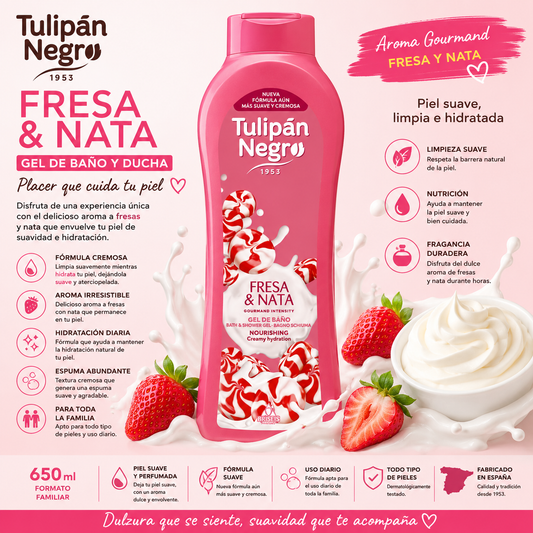 Gel de Baño Tulipán Negro Fresa y Nata 650 ml con aroma gourmand a fresas y nata