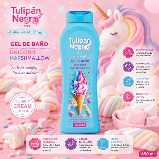 Gel de Baño Tulipán Negro Unicorn Marshmallow 650 ml con aroma dulce gourmand de marshmallow y golosinas