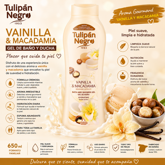 Gel de Baño Tulipán Negro Vainilla y Macadamia 650 ml con aroma gourmand e hidratante