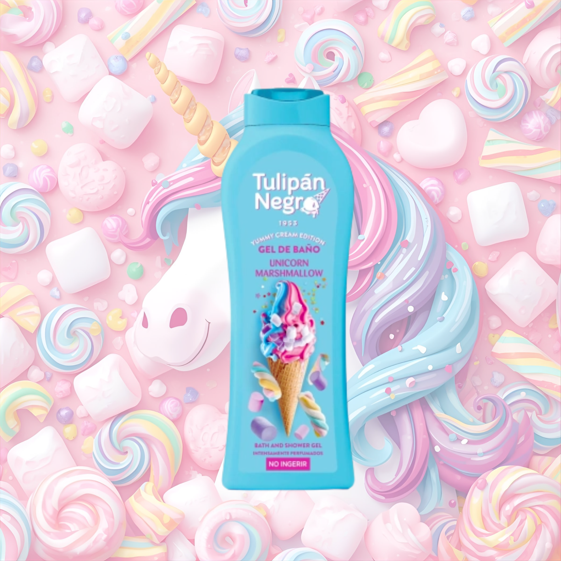 Gel de Baño Unicorn Marshmallow Tulipán Negro 650 ml con aroma dulce inspirado en nubes de marshmallow y unicornios, ideal para limpiar e hidratar la piel con una espuma cremosa y perfumada.
