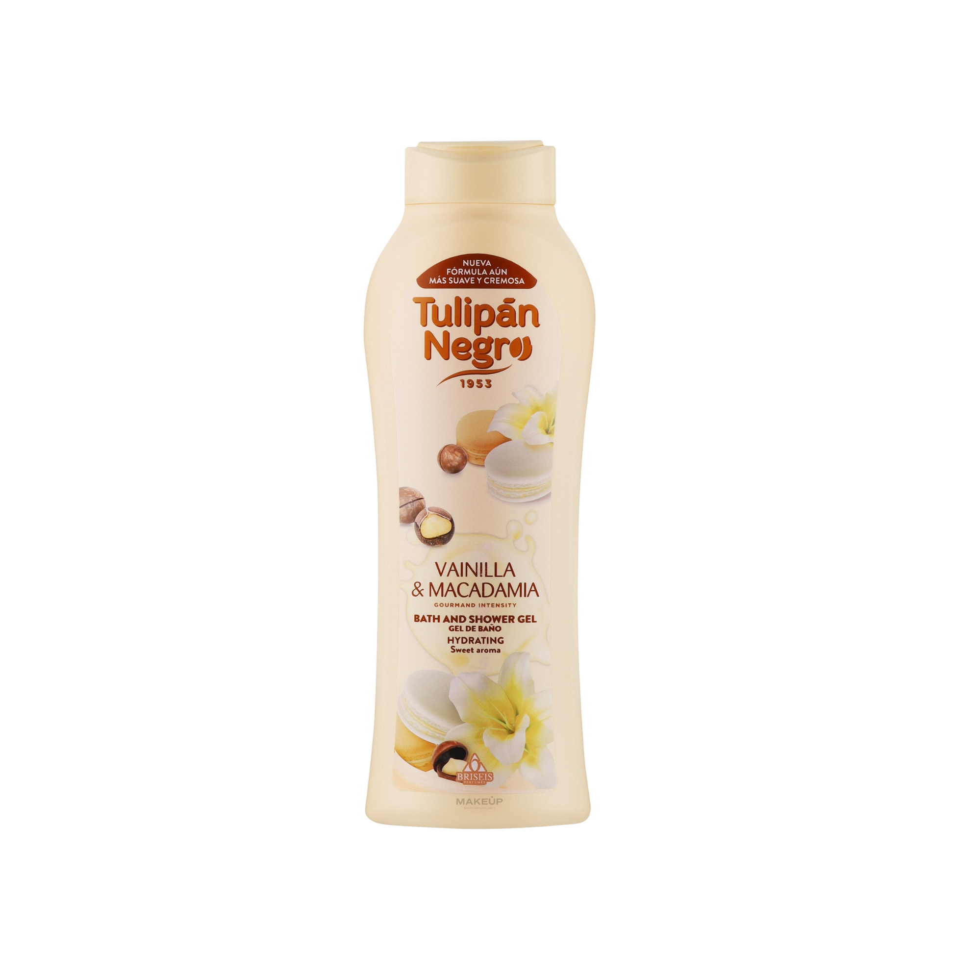 Gel de Baño Vainilla y Nueces de Macadamia Tulipán Negro de 650 ml con fórmula cremosa, aroma dulce e hidratante para una piel limpia, suave y delicadamente perfumada.