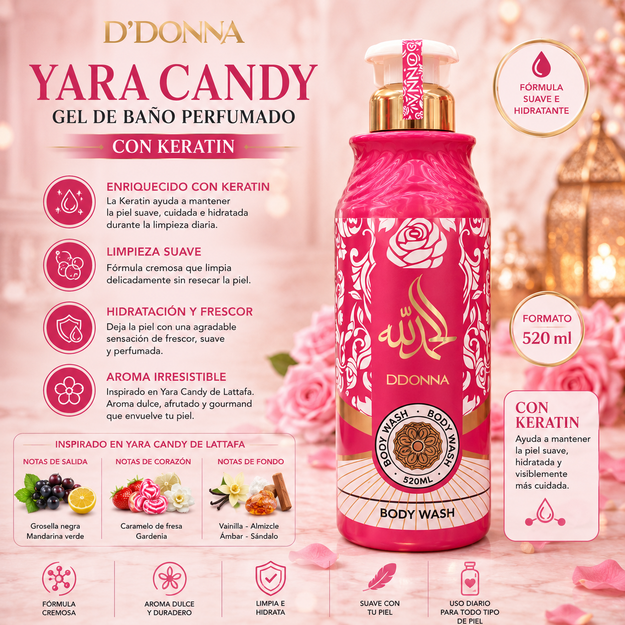 Gel de Baño Yara Candy 520 ml D'Donna con Keratin Body Wash inspirado en Yara Candy de Lattafa para una piel suave e hidratada