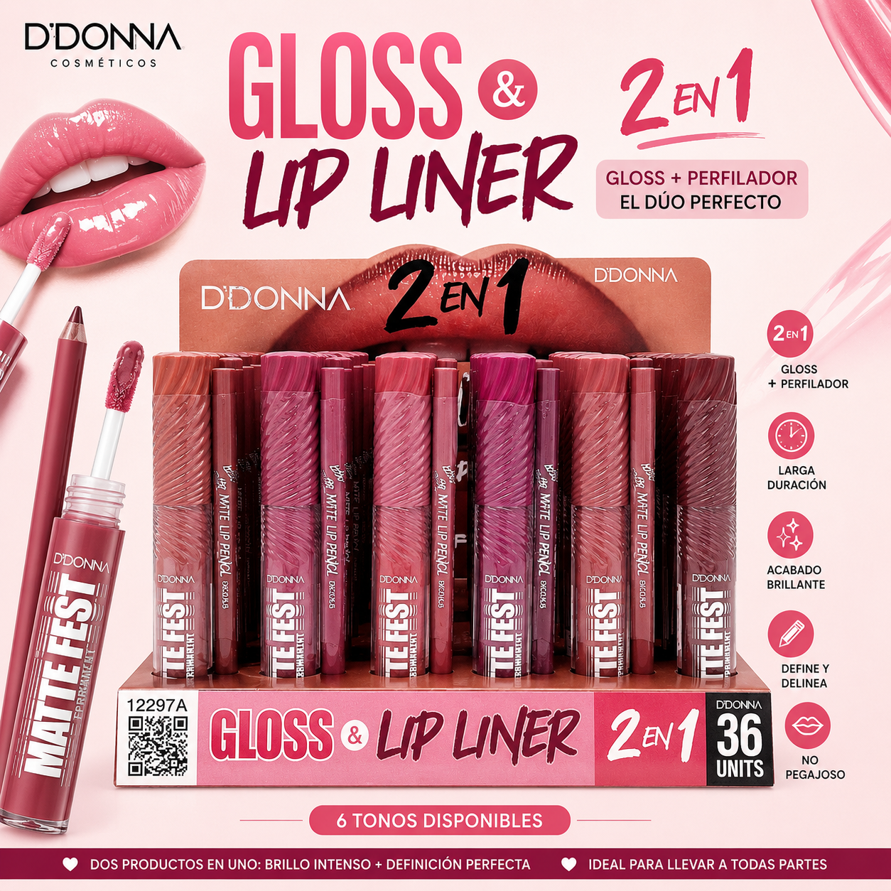 Gloss & Lip Liner 2 en 1 D'Donna con labial líquido mate y perfilador de labios disponible en 6 tonos.