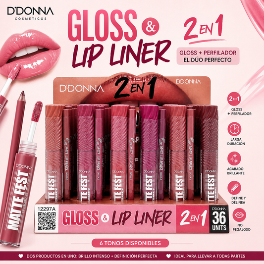 Gloss & Lip Liner 2 en 1 D'Donna con labial líquido mate y perfilador de labios disponible en 6 tonos.