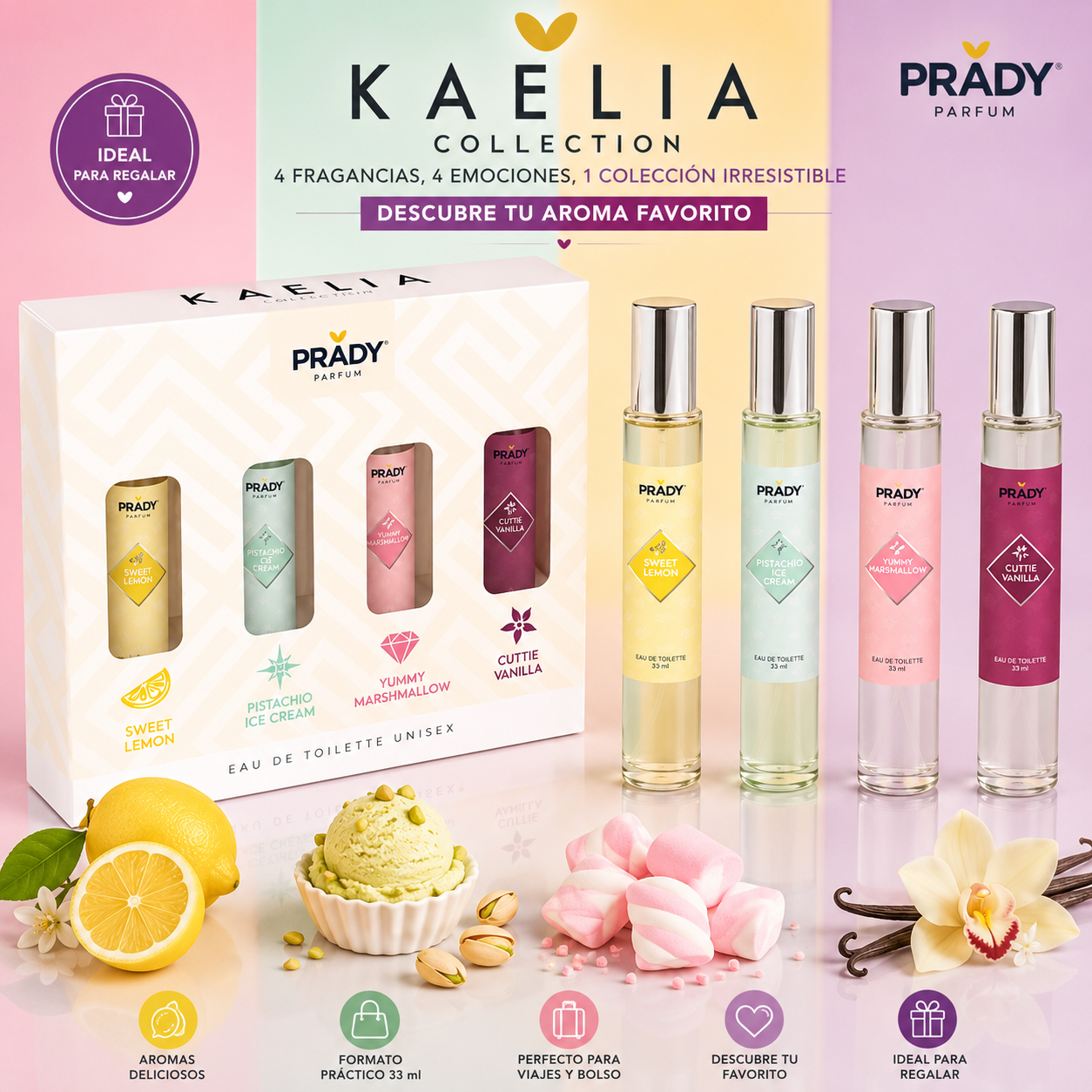 Kaelia Collection Prady con 4 perfumes de 33 ml: Sweet Lemon, Pistachio Ice Cream, Yummy Marshmallow y Cuttie Vanilla.