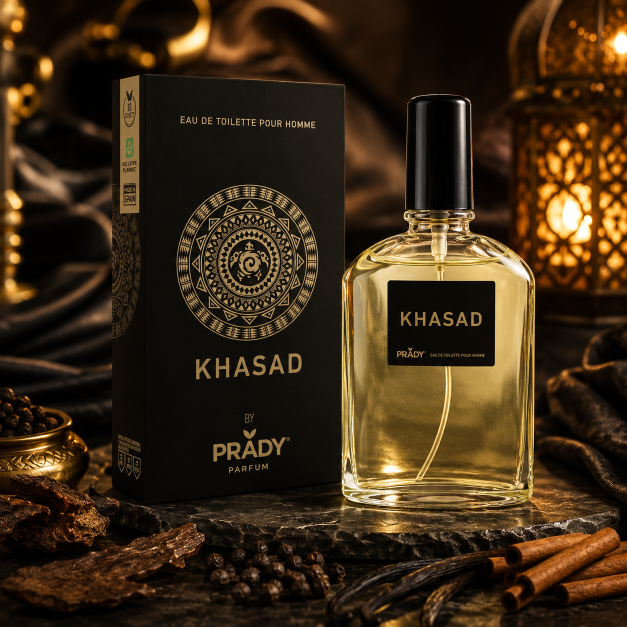 Khasad Negro Prady 100 ml sobre fondo premium con madera oscura, especias y detalles dorados