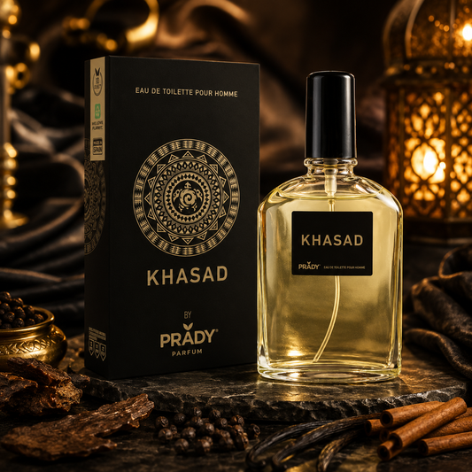 Khasad Negro Prady 100 ml sobre fondo premium con madera oscura, especias y detalles dorados