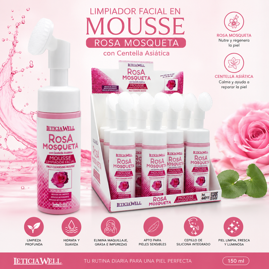 Limpiador facial en mousse de Rosa Mosqueta con Centella Asiática LeticiaWell 150 ml con cepillo de silicona