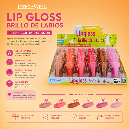 Lip Gloss Brillo de Labios Conejito Leticia Well con llavero disponible en varios tonos