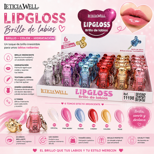 Lip Gloss Osito Leticia Well brillo de labios hidratante con efecto iridiscente disponible en 6 tonos
