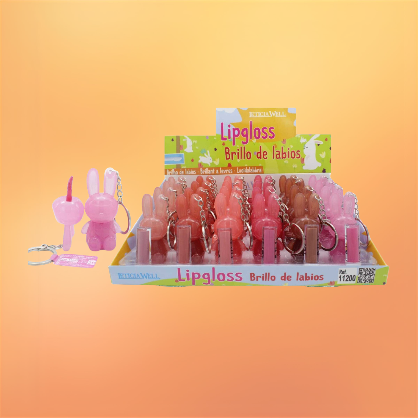 Lip Gloss brillo de labios Leticia Well con diseño de conejito llavero disponible en varios tonos, ideal para hidratar los labios y llevar cómodamente en bolso o llaves.