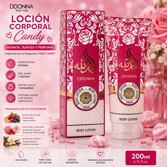 Loción Corporal Yara Candy D'Donna 200 ml hidratante perfumada inspirada en la fragancia Yara Candy