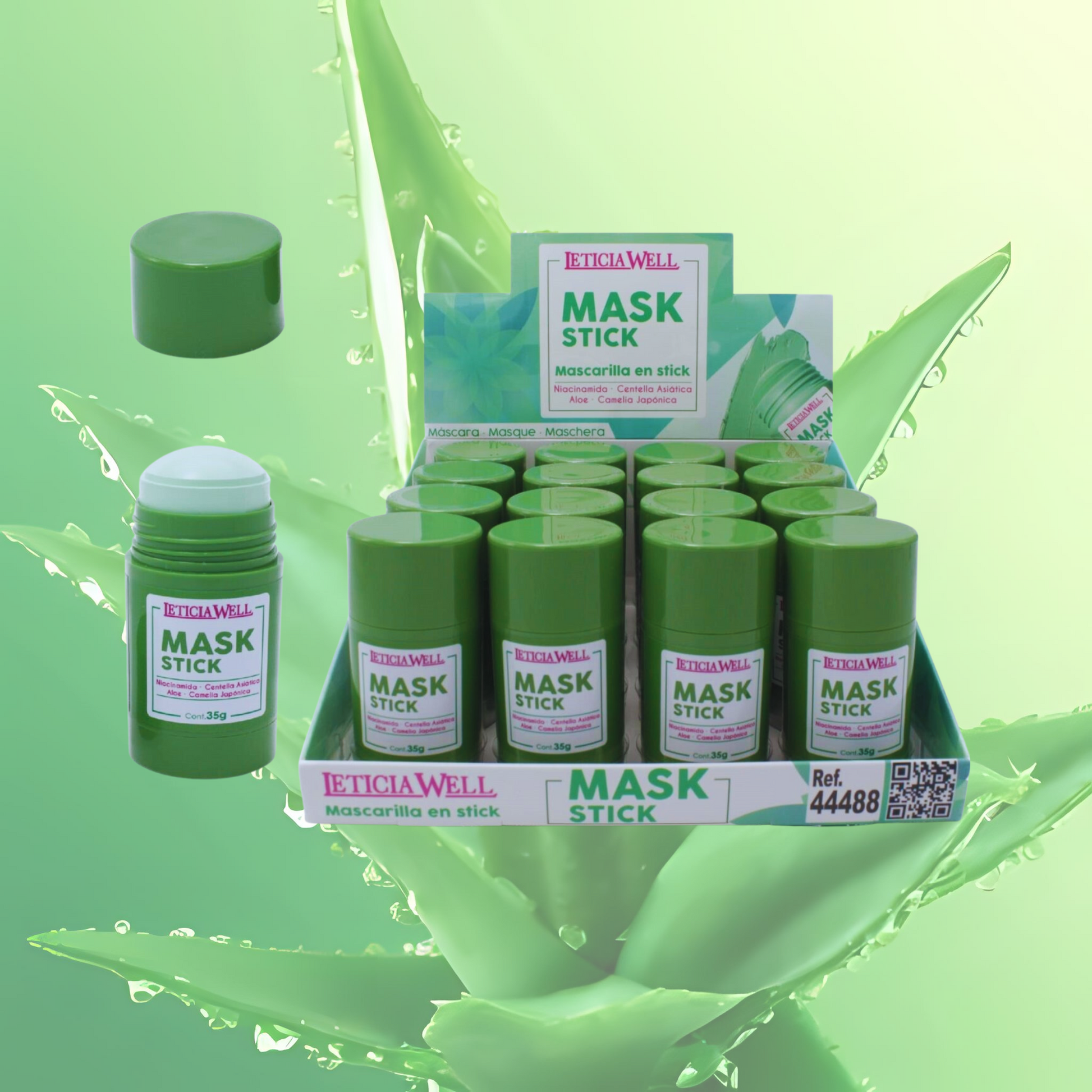 Mascarilla Facial en Stick Aloe Vera Leticia Well de 35 g, enriquecida con Aloe Vera, Niacinamida, Centella Asiática y Camelia Japónica para hidratar, refrescar y mejorar el aspecto de la piel.