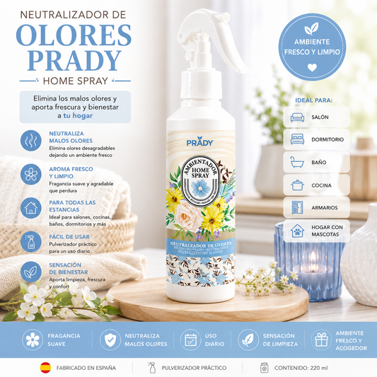 Neutralizador de Olores Prady Home Spray 220 ml con fragancia fresca para eliminar malos olores en el hogar
