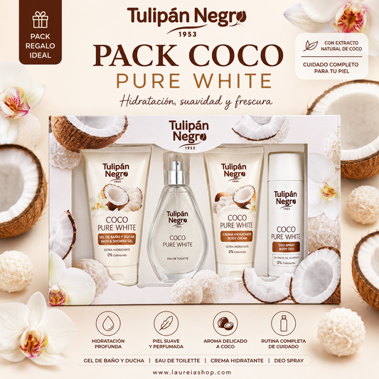 Pack Coco Pure White Tulipán Negro con gel de baño, crema hidratante, eau de toilette y desodorante spray con aroma a coco.
