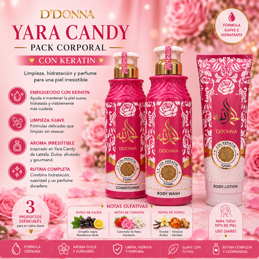 Pack Corporal Yara Candy D'Donna con Gel de Baño, Acondicionador y Body Lotion enriquecidos con Keratin inspirado en Yara Candy de Lattafa