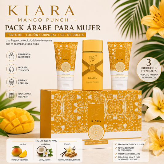 Pack Kiara Mango Punch Árabe para mujer con perfume, loción corporal y gel de ducha