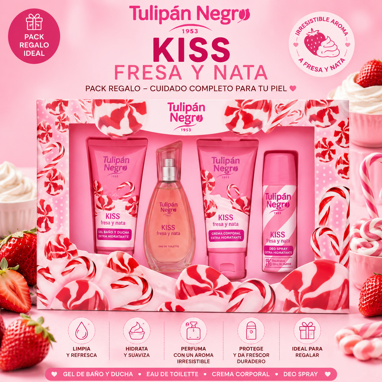 Pack Kiss Fresa y Nata Tulipán Negro con gel de baño, crema corporal, eau de toilette y desodorante spray.