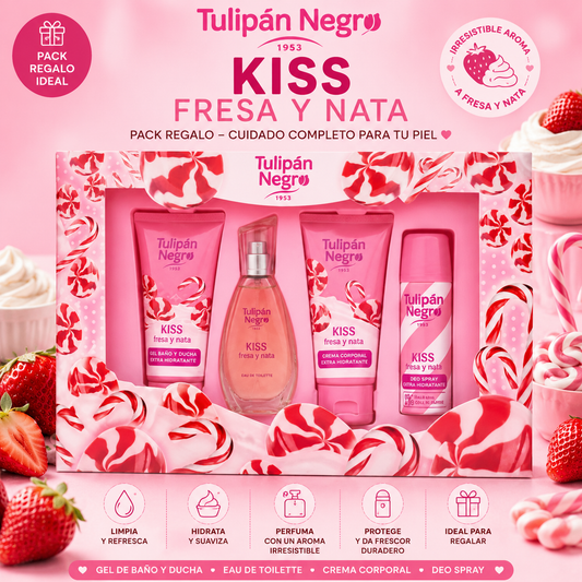 Pack Kiss Fresa y Nata Tulipán Negro con gel de baño, crema corporal, eau de toilette y desodorante spray.