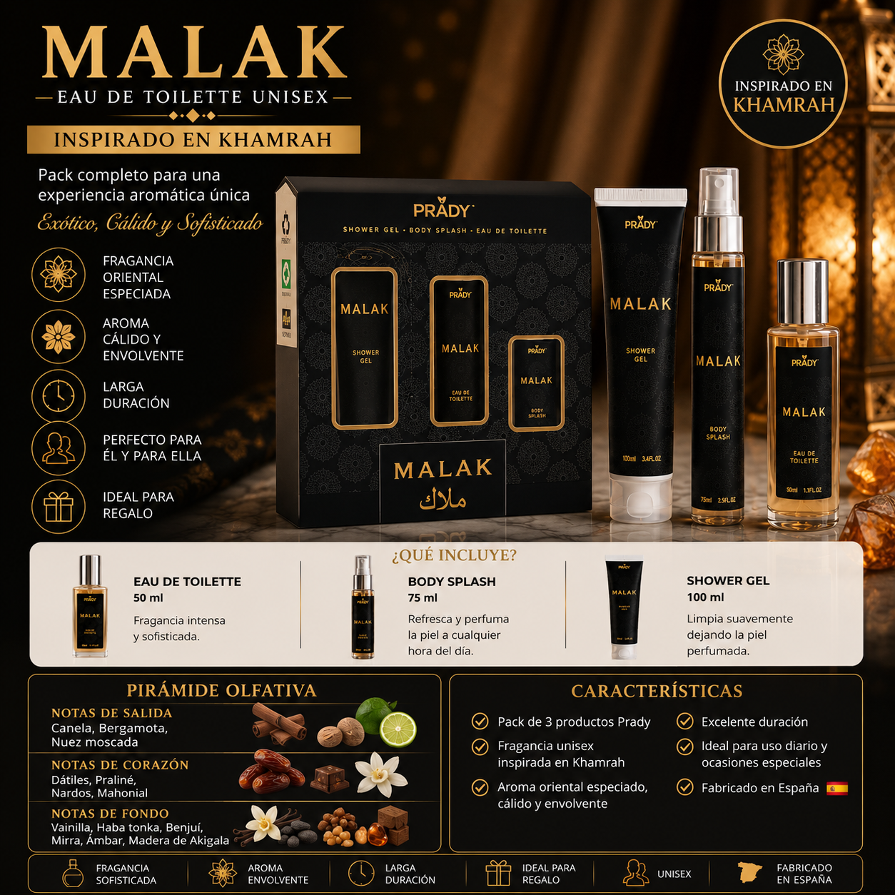 Pack Malak Prady con Eau de Toilette 50 ml, Body Splash 75 ml y Shower Gel 100 ml inspirado en el estilo olfativo de Khamrah.