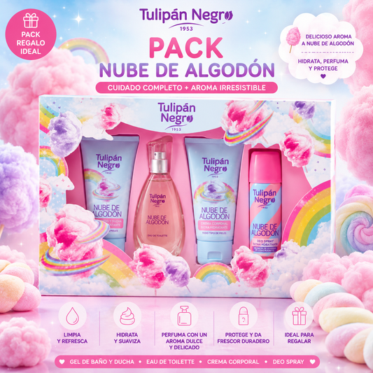 Pack Nube de Algodón Tulipán Negro con gel de baño, crema corporal, eau de toilette y desodorante spray.